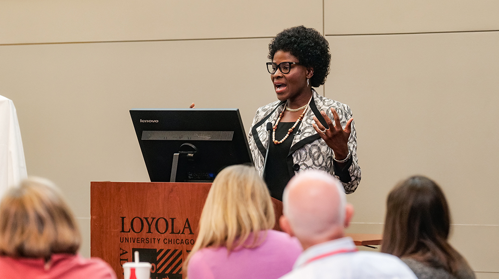  Keynote speaker Kechi Iheduru-Anderson spoke on anti-racism in nursing education at Loyola Nursing's 2024 Inclusive Excellence Conference. 